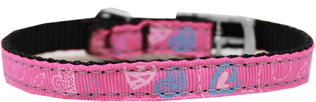 Crazy Hearts Nylon Dog Collar with classic buckles 3/8" Bright Pink Size 10